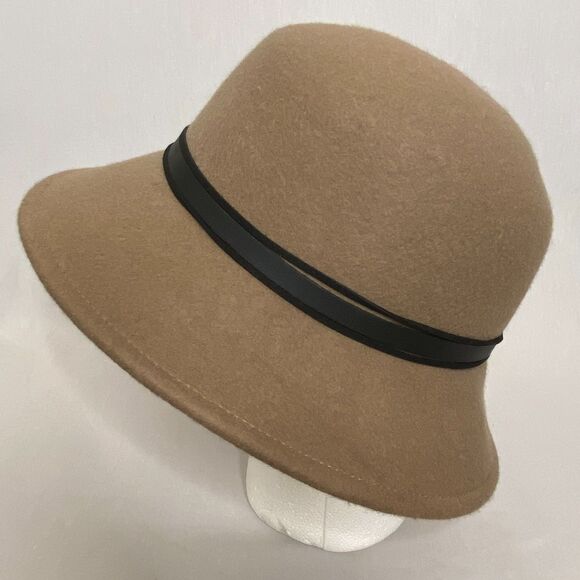 Nine West Felted Wool Hat Tan Wide Brim Cloche Black Faux Leather Band - Picture 5 of 11